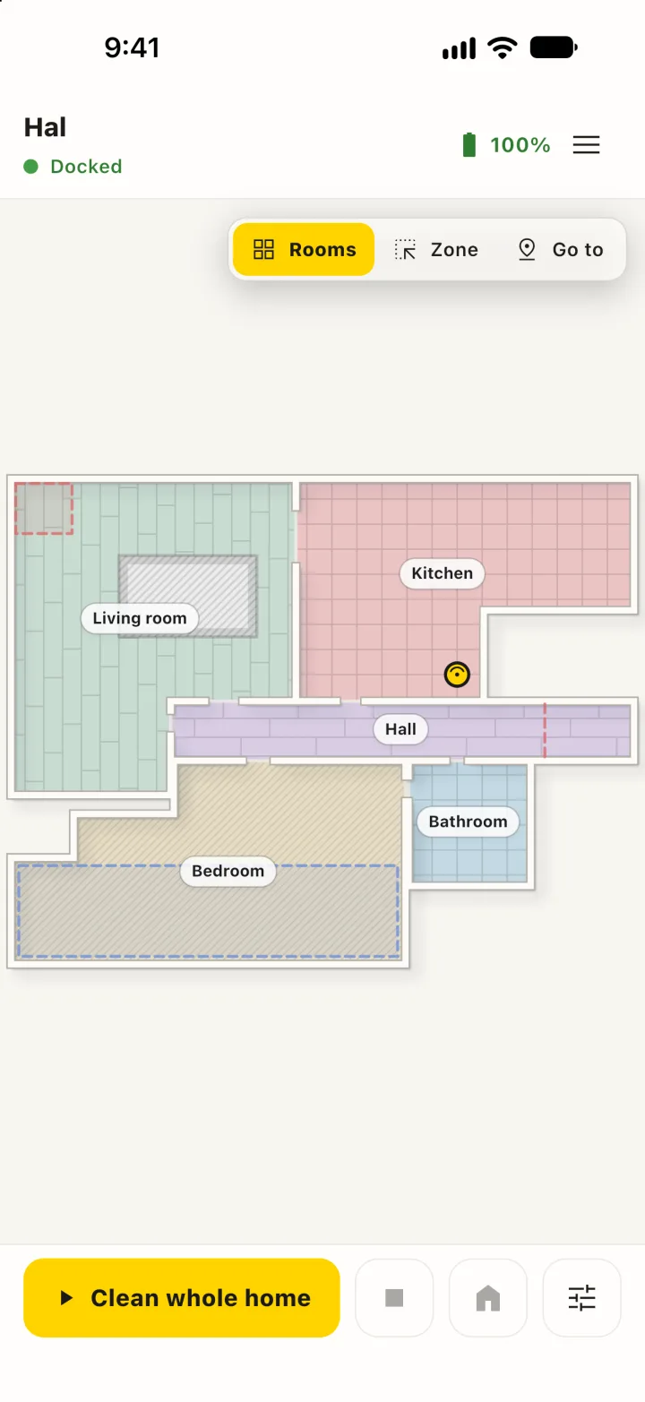 The map of a four-room home with the robot docked.